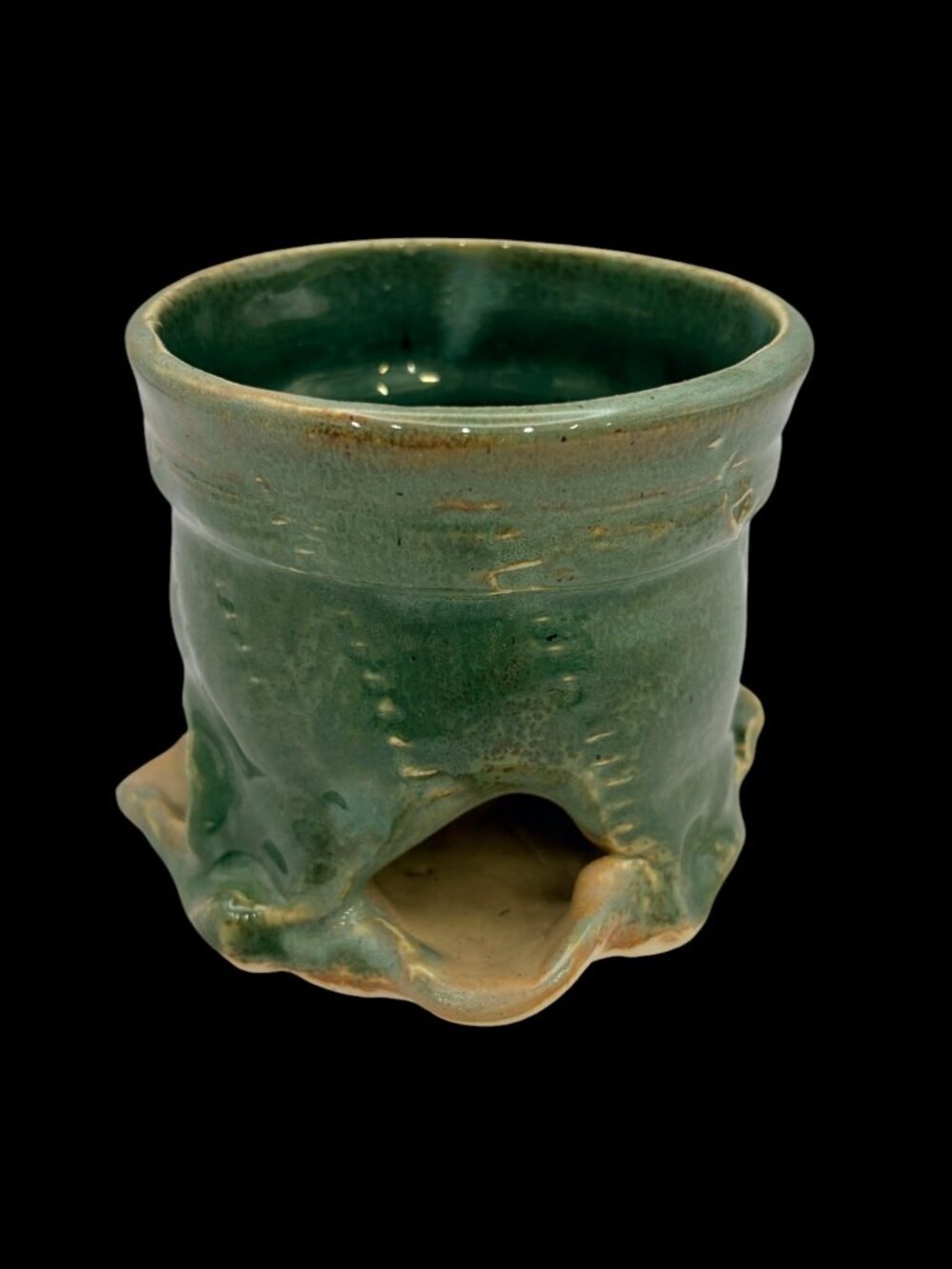 Signed MF Handmade Green Glazed Ceramic Planter Rustic Footed Studio Pottery 4.5 - Picture 4 of 9